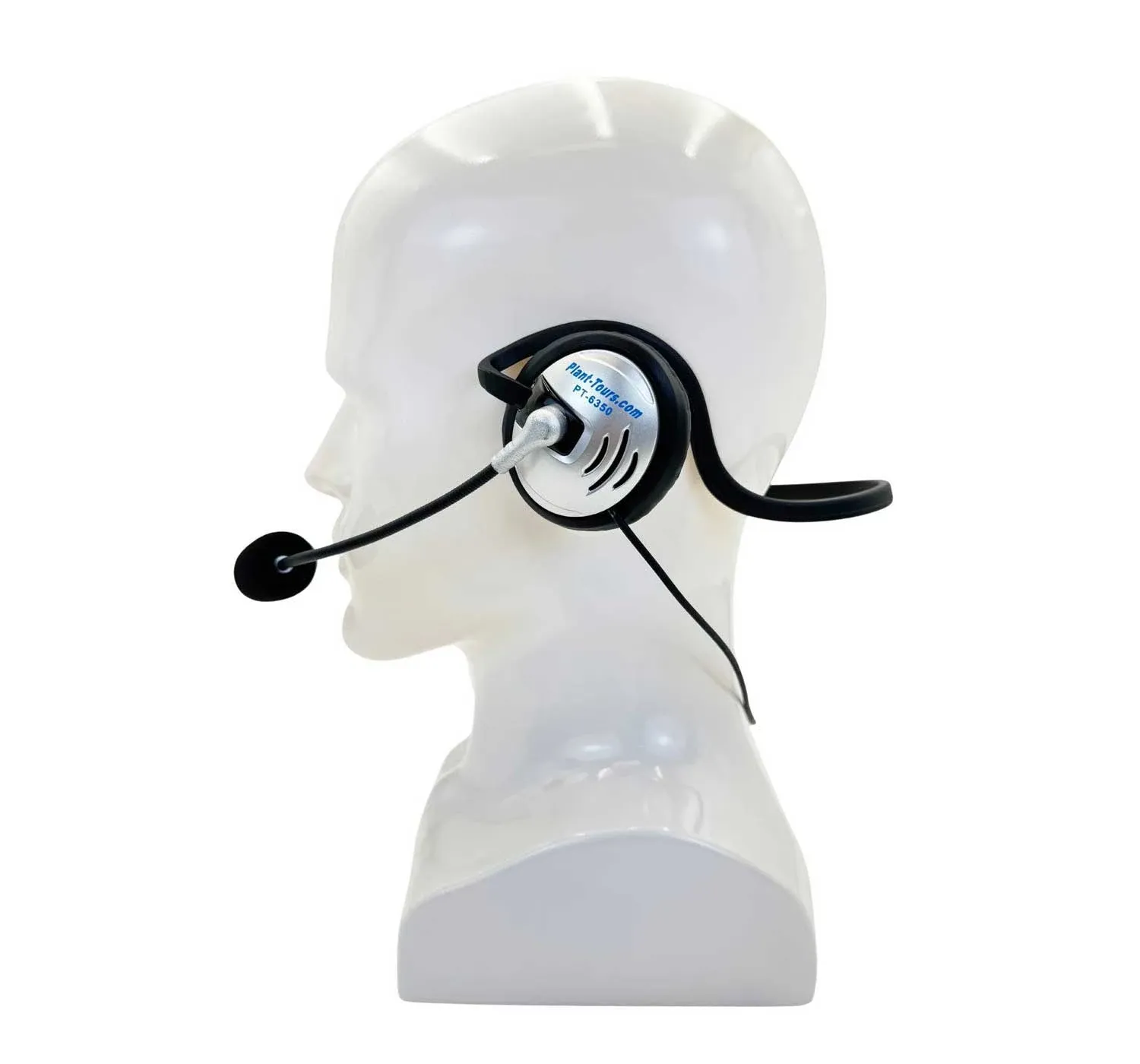 PT-6350 headset on a display head, side view: behind-the-head band and boom microphone