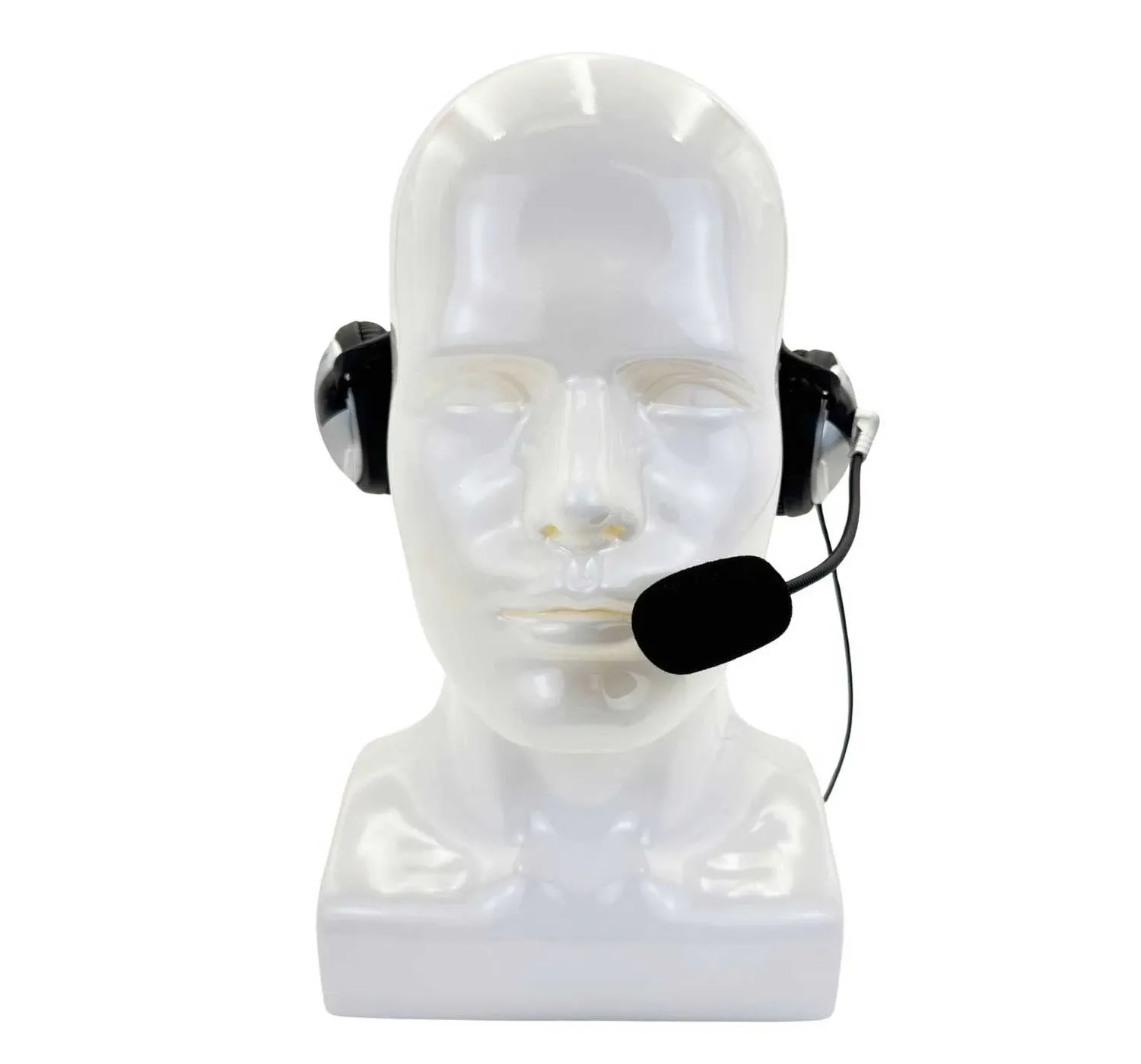 PT-6350 headset on a display head, front view, with foam-covered boom microphone