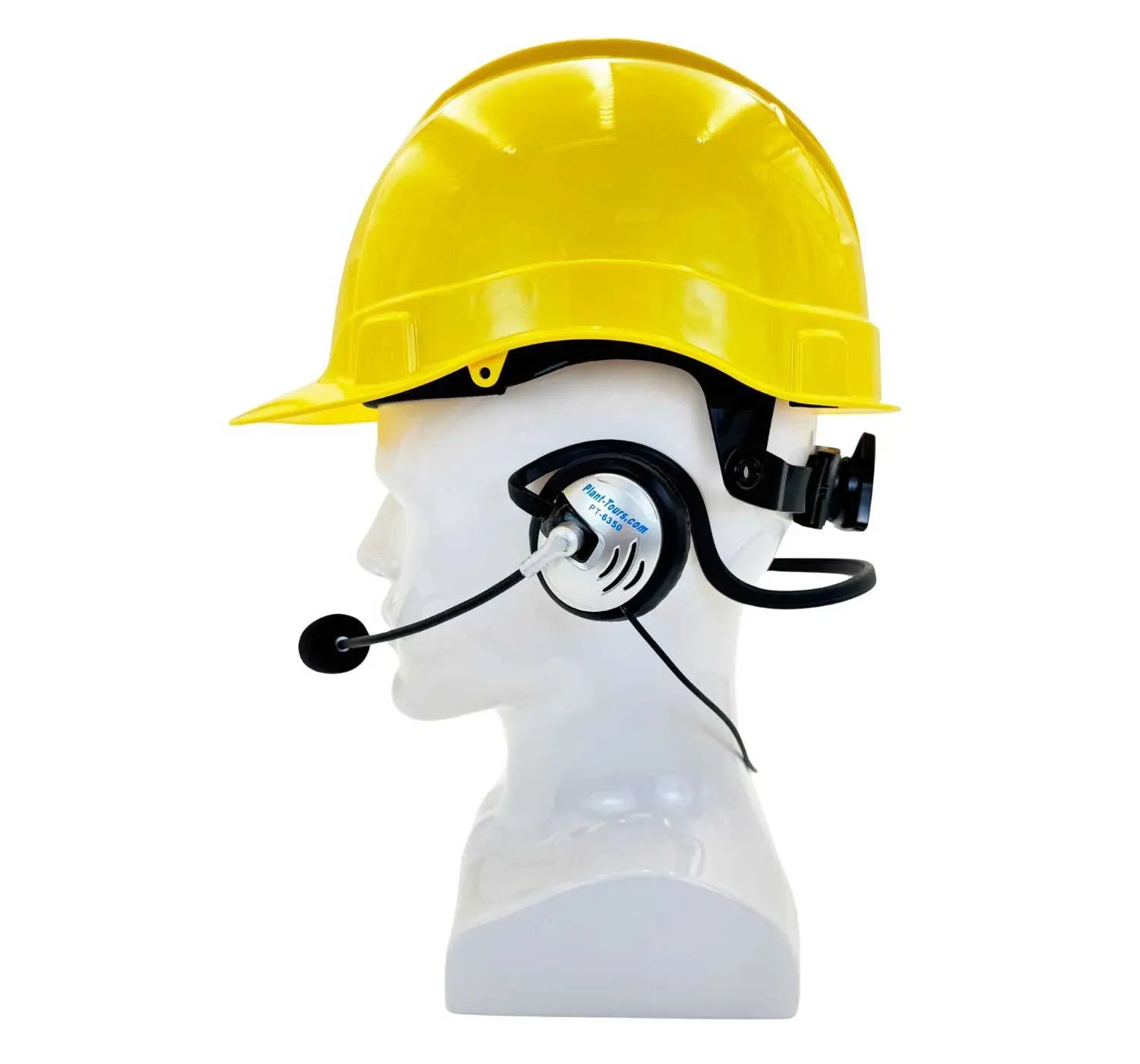 PT-6350 headset worn under a yellow hard hat, side view