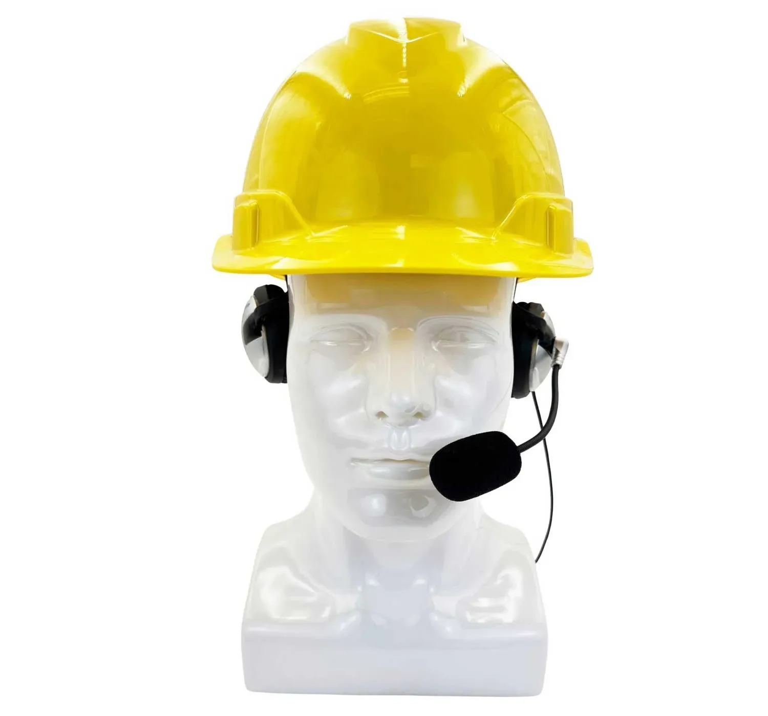 PT-6350 headset worn under a yellow hard hat, front view