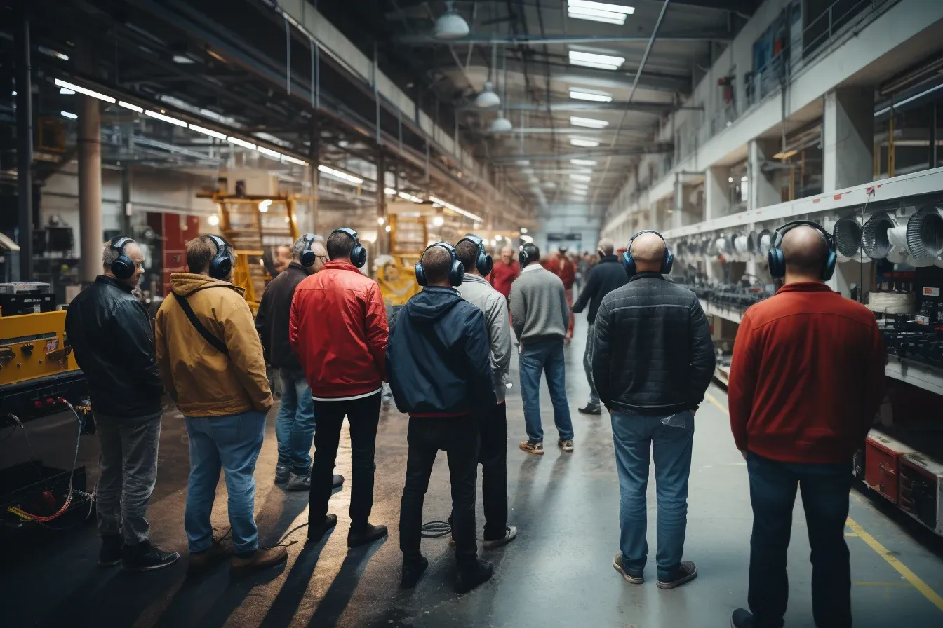 Visitors wearing headsets on a tour through a factory