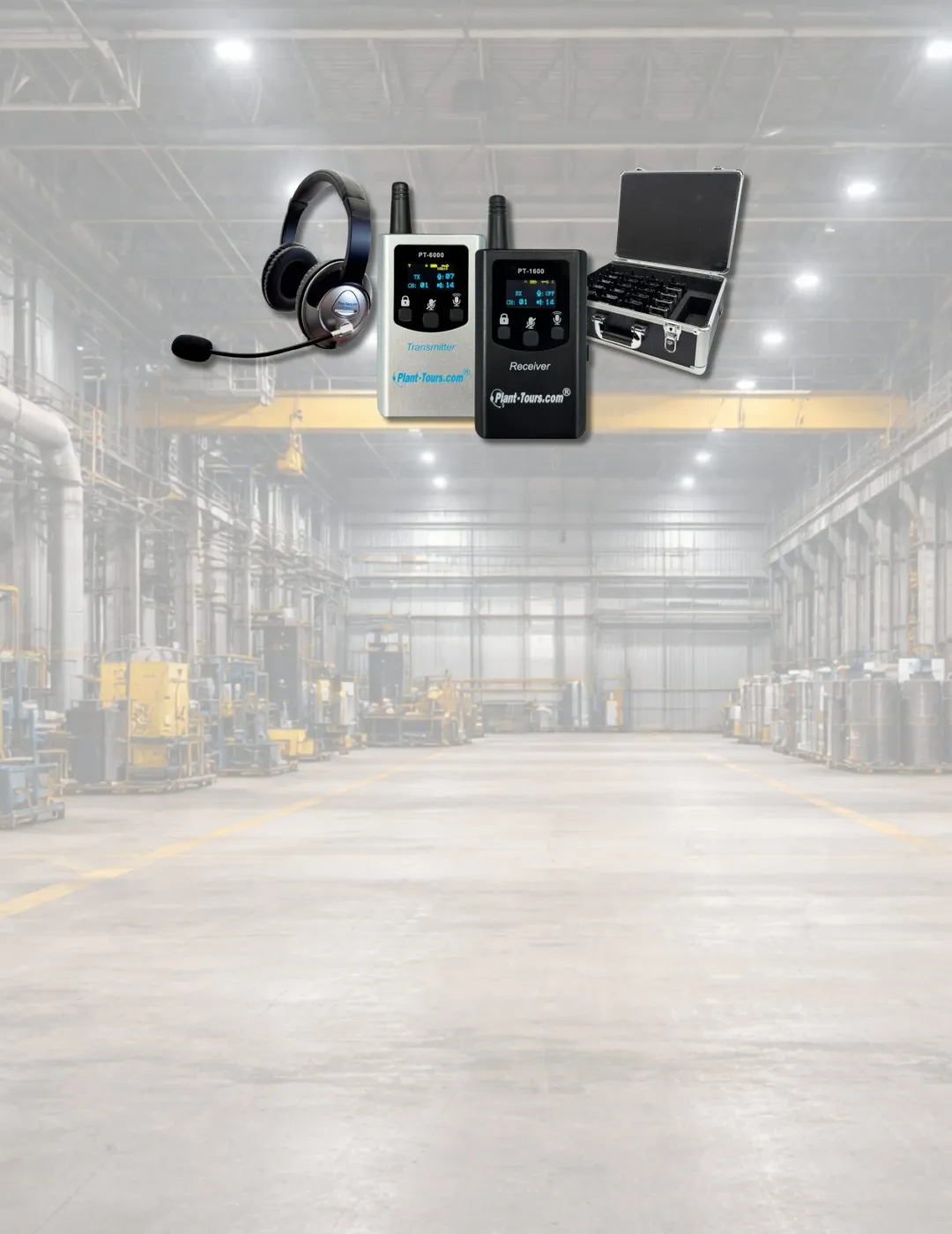 Multi-Guide System headset, PT-6000 transmitter, PT-1600 receiver and carry case in a factory