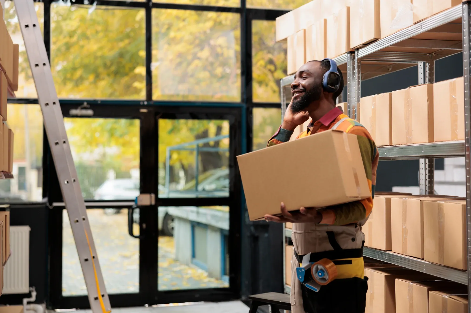 Warehouse worker carrying a box while talking on a headset