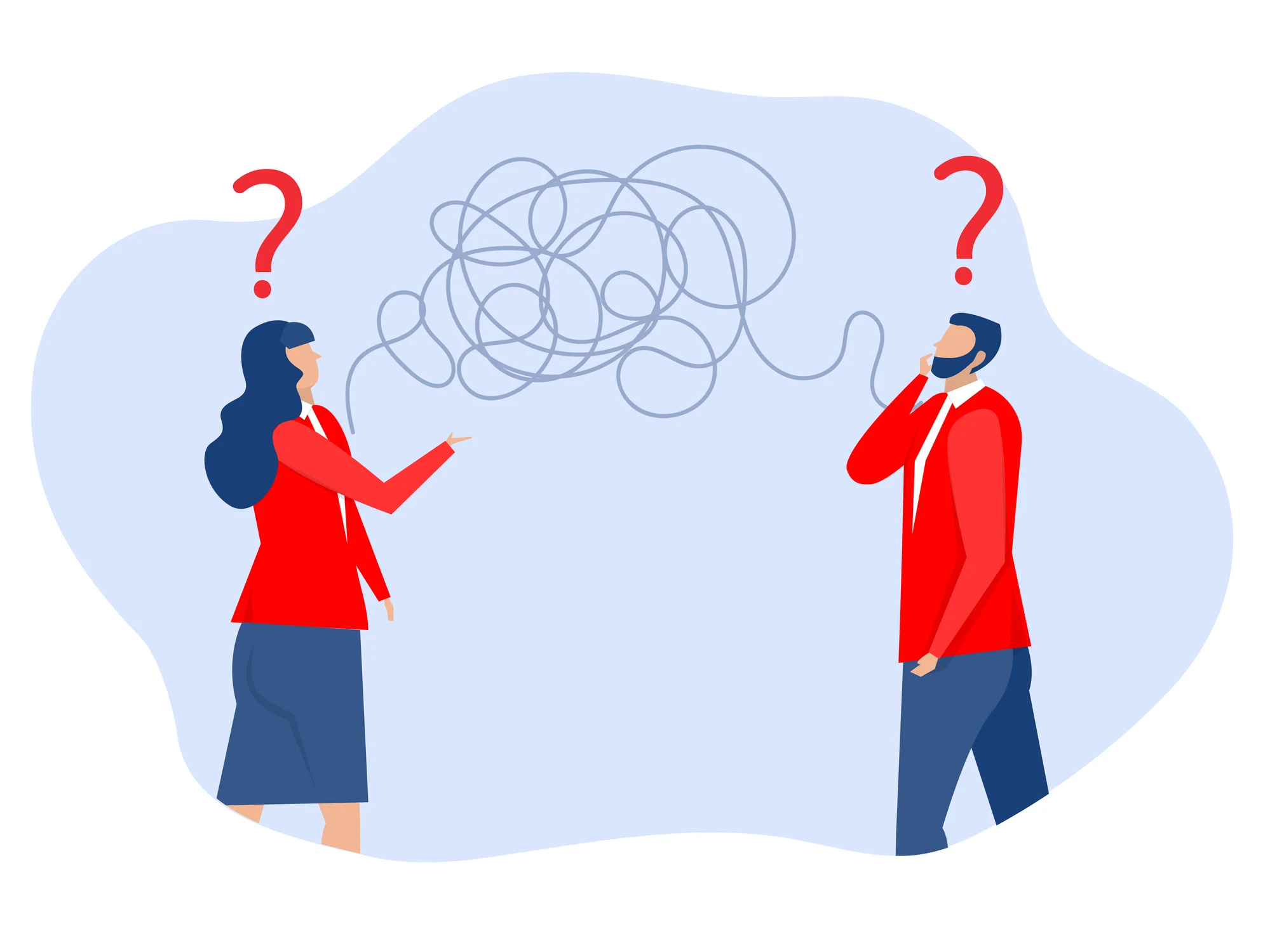 Illustration of two confused people with question marks and a tangled line of scribbles between them