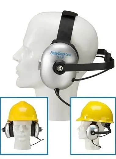 Mannequin head wearing a silver over-the-head headset, with insets showing it worn under a yellow hard hat
