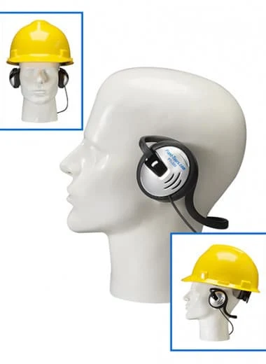 Mannequin head wearing a behind-the-head earpiece headset, with insets showing it under a yellow hard hat