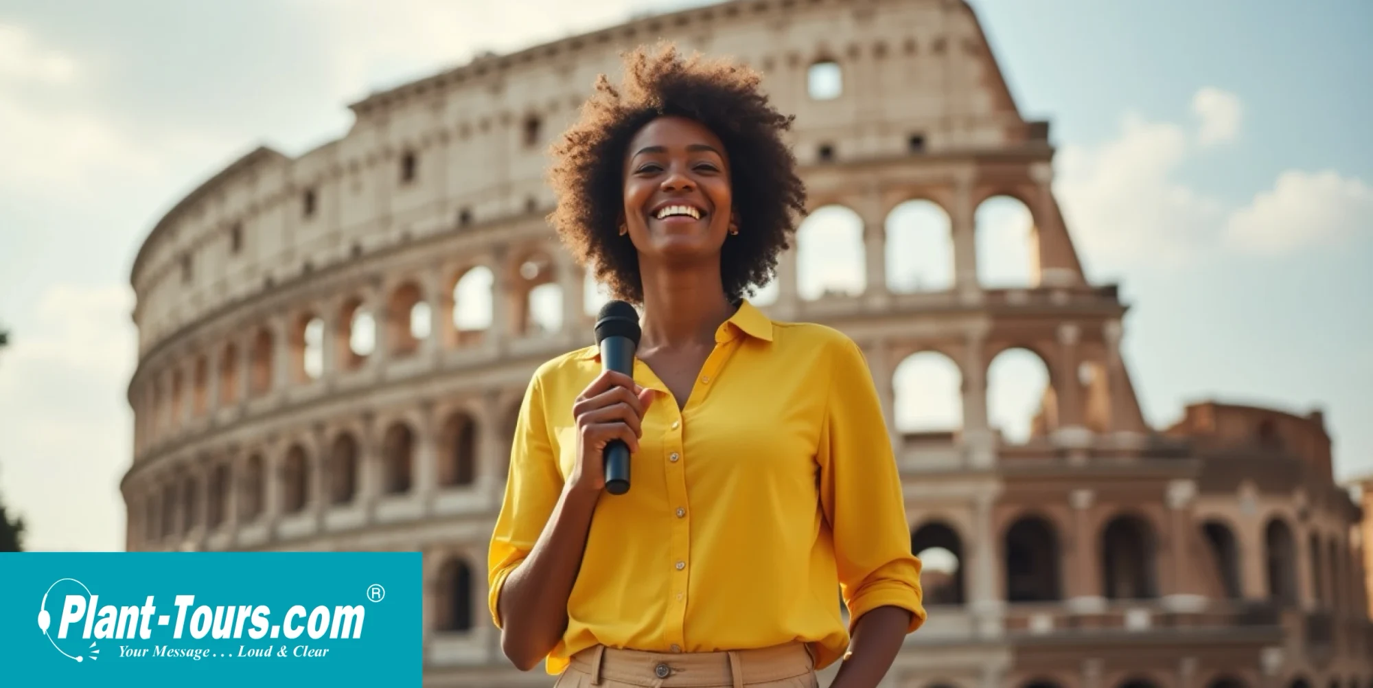 Smiling tour guide holding a microphone in front of an ancient Roman amphitheater, with Plant-Tours.com logo