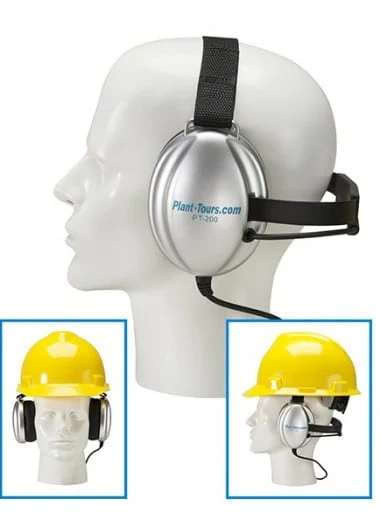 Mannequin head wearing a silver dual-cup headset, with insets showing it worn under a yellow hard hat