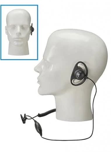 Mannequin head wearing an over-the-ear earpiece with an inline microphone, with an inset front view