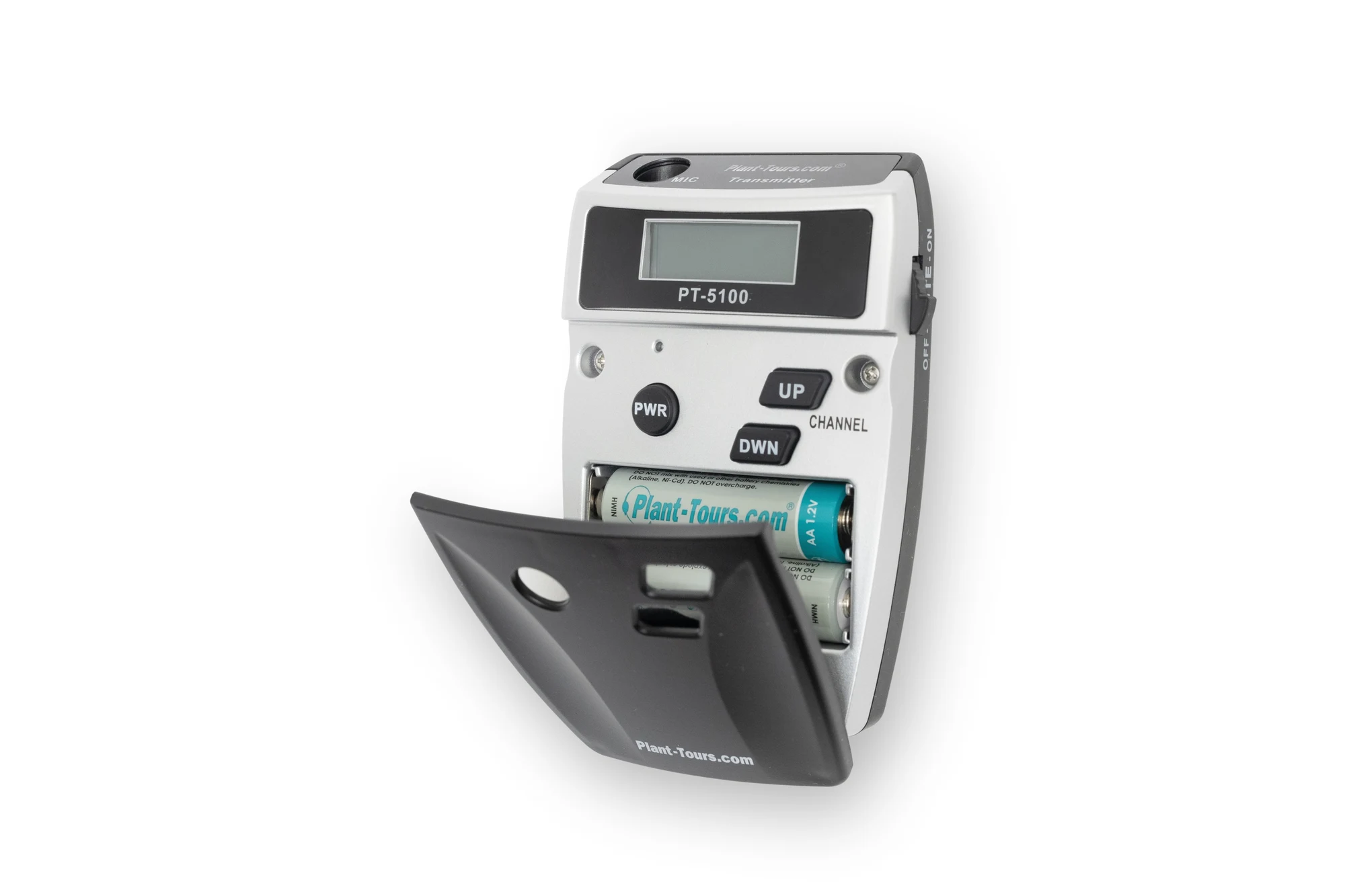Handheld tour guide unit with a display and buttons, battery door open to show two batteries