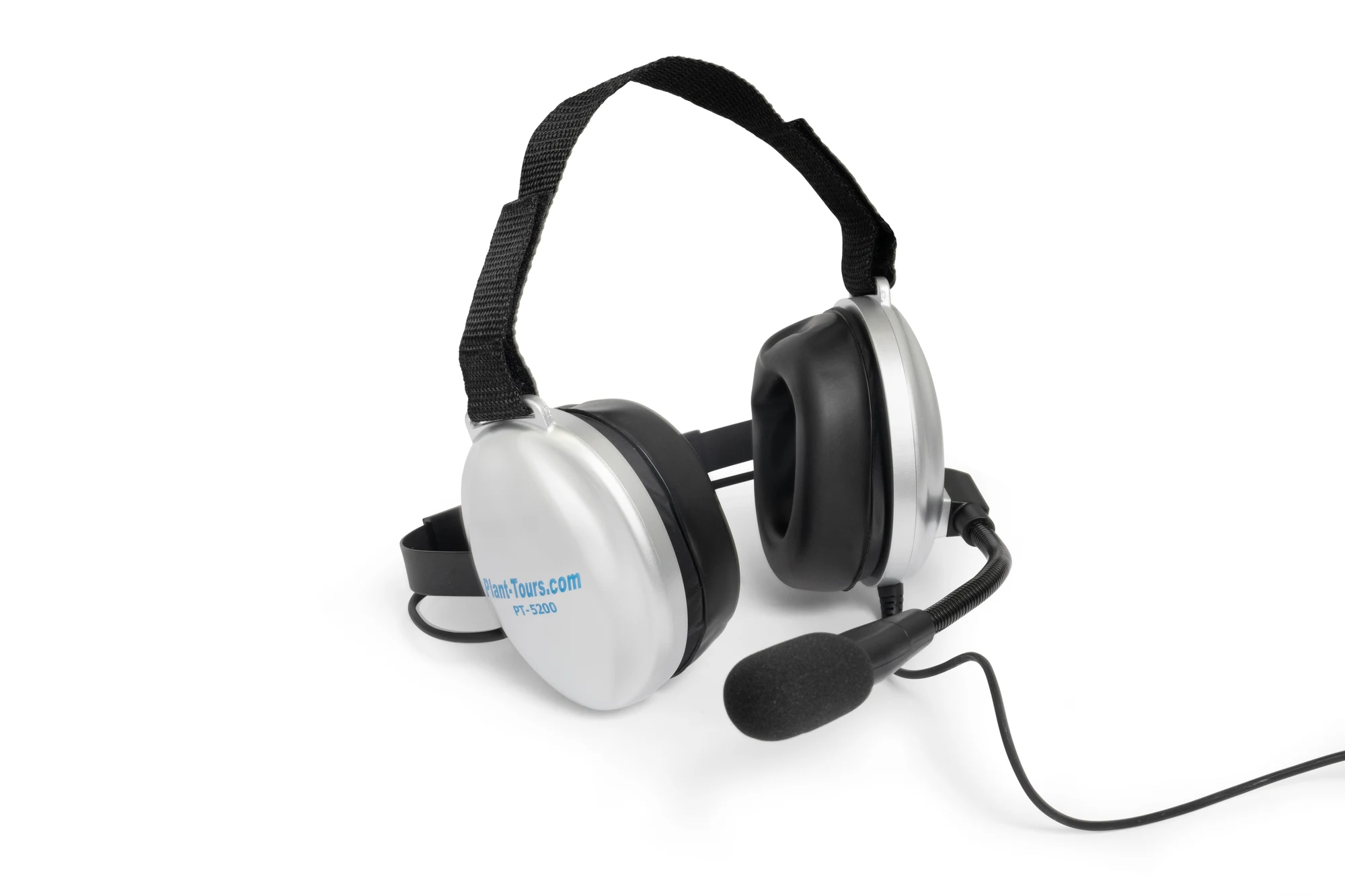 Silver Plant-Tours.com dual-cup headset with padded headband and boom microphone