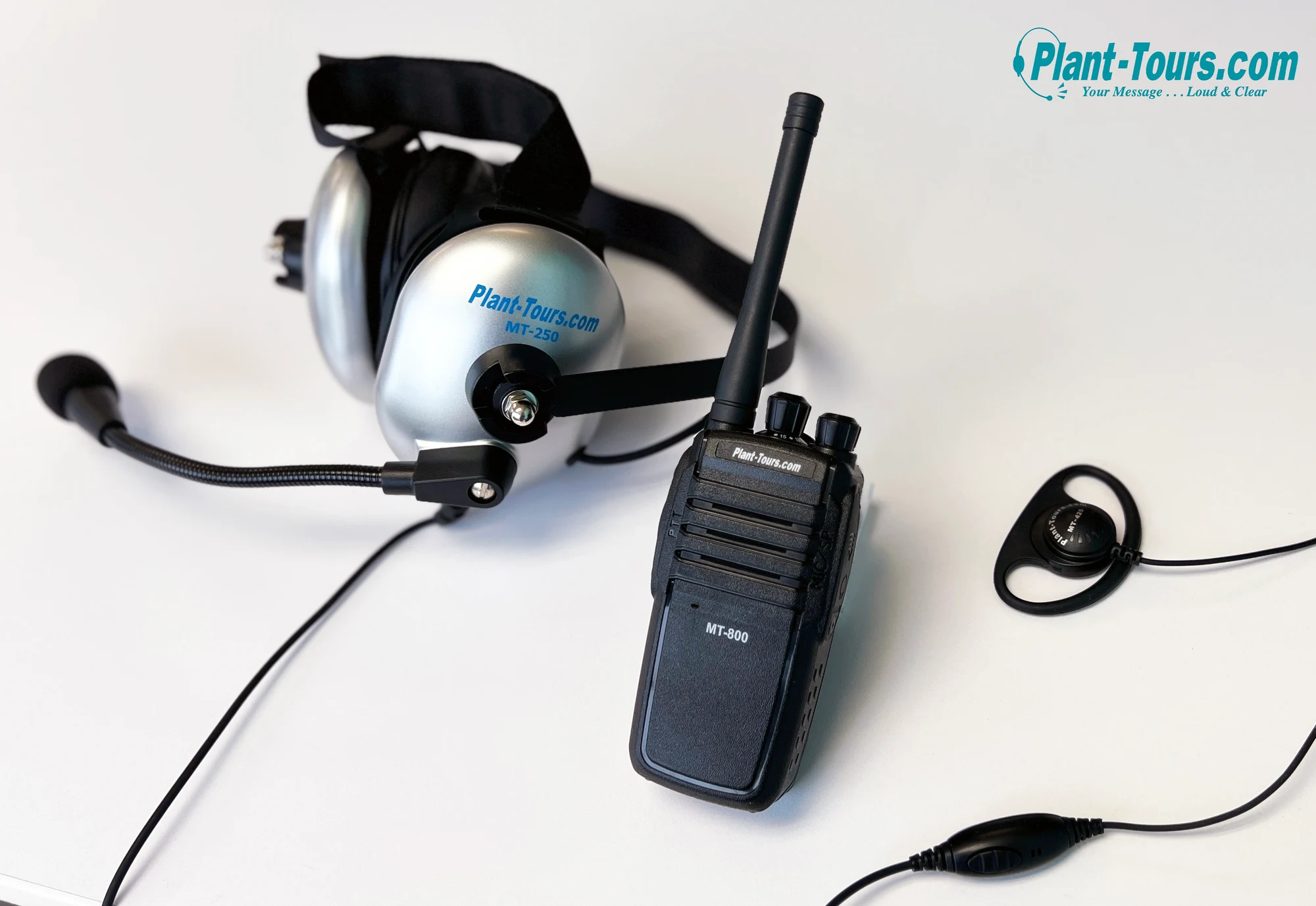 Plant-Tours.com two-way radio with a silver headset with boom microphone and an earpiece