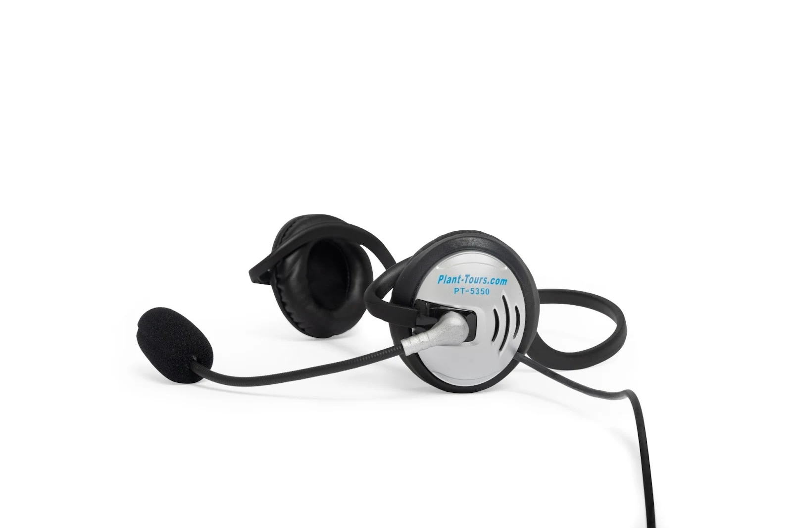 Plant-Tours.com behind-the-head headset with a single speaker and boom microphone