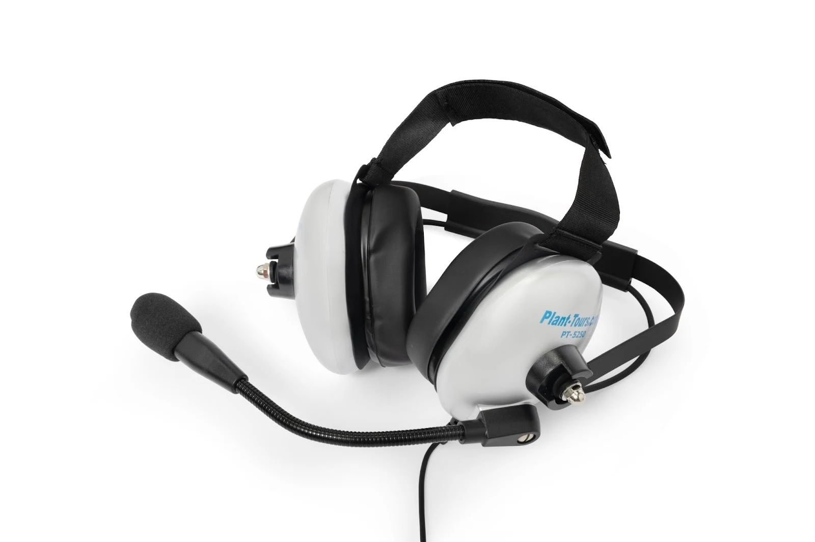 White dual-cup Plant-Tours.com headset with padded headband and boom microphone