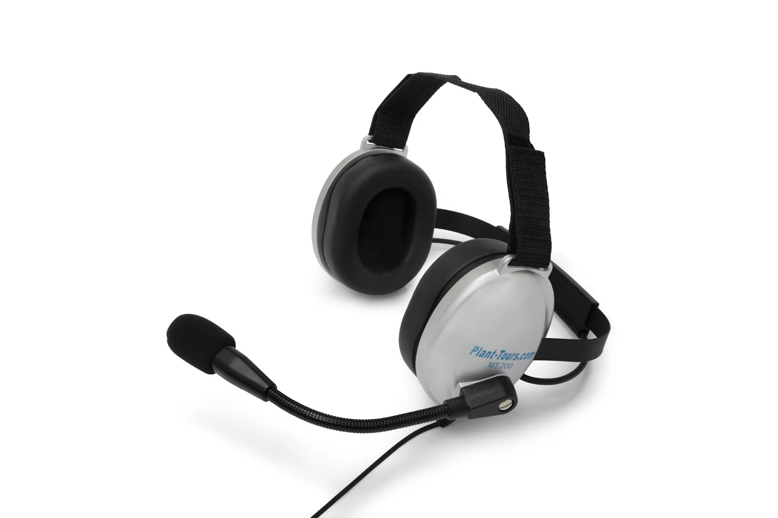 Silver over-the-head headset with large padded ear muffs and a boom microphone