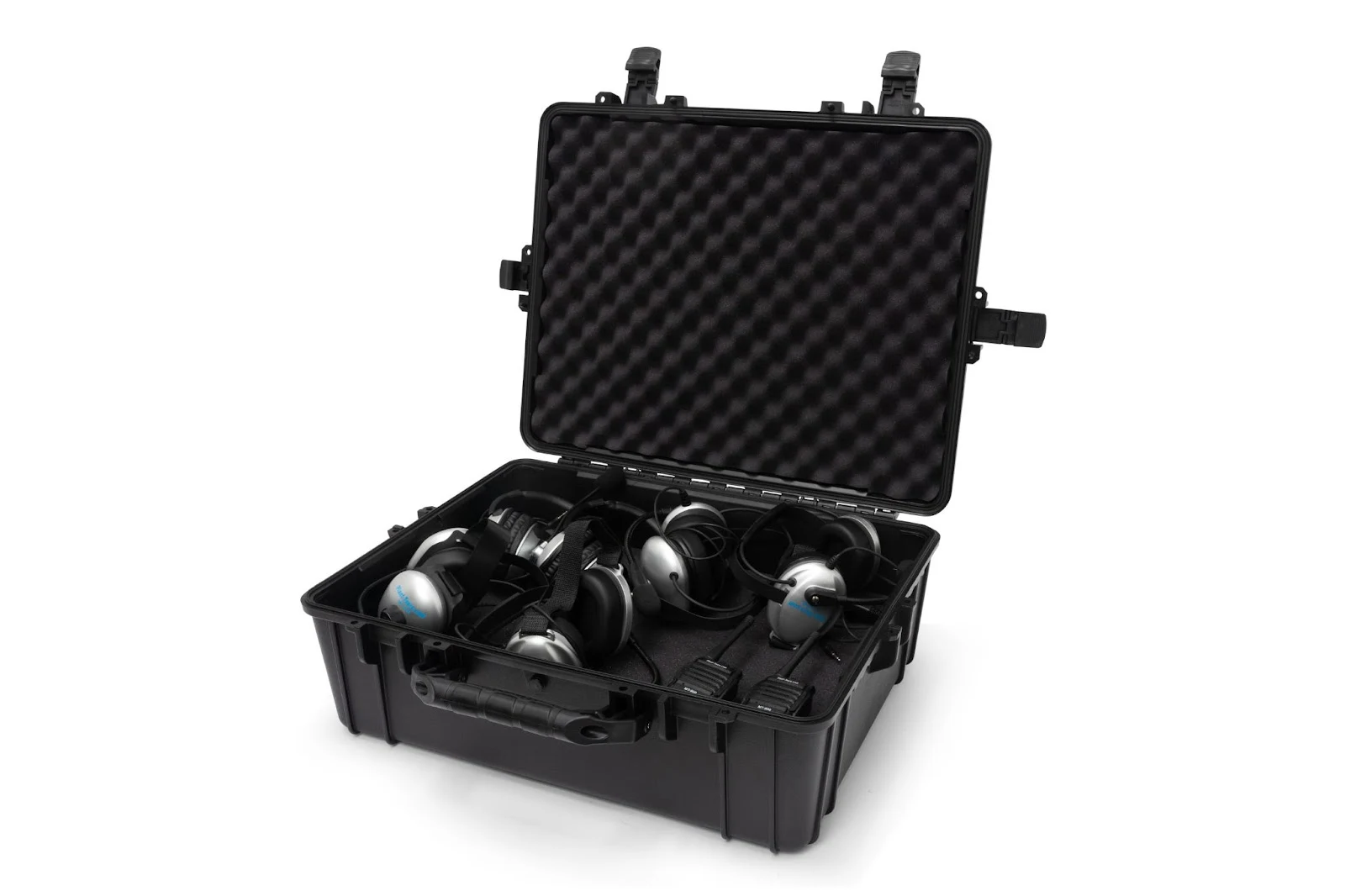 Open black hard carry case with foam insert holding several communication headsets
