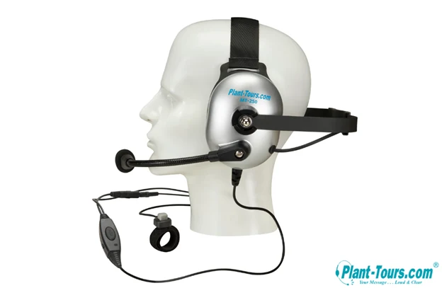 Silver Plant-Tours.com headset with boom microphone and inline cable controls on a mannequin head