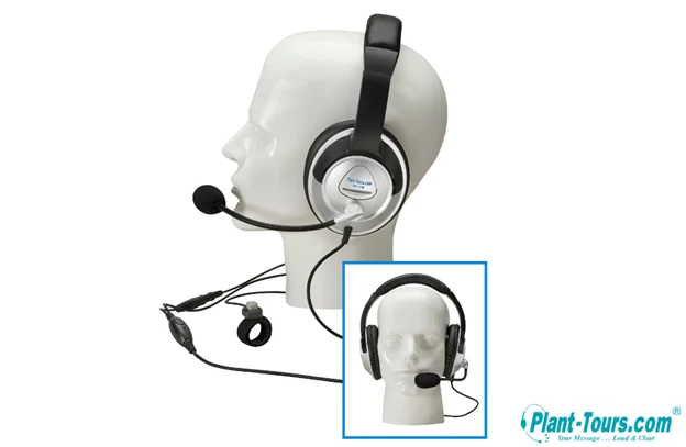 Headset with ear muffs and boom mic on a mannequin head, with an inset front view of it being worn