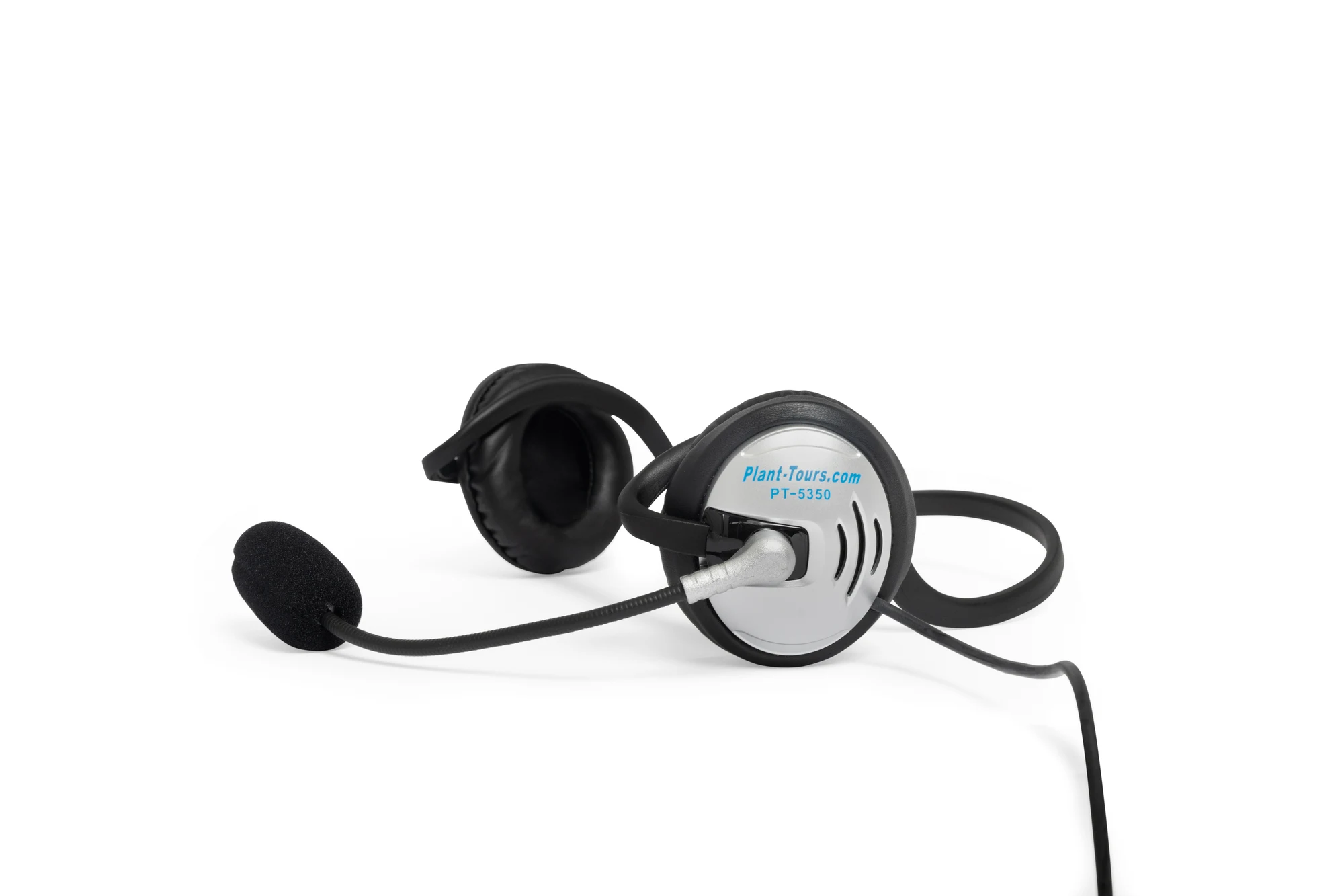Behind-the-neck single ear headset with boom microphone and cable, shown at an angle