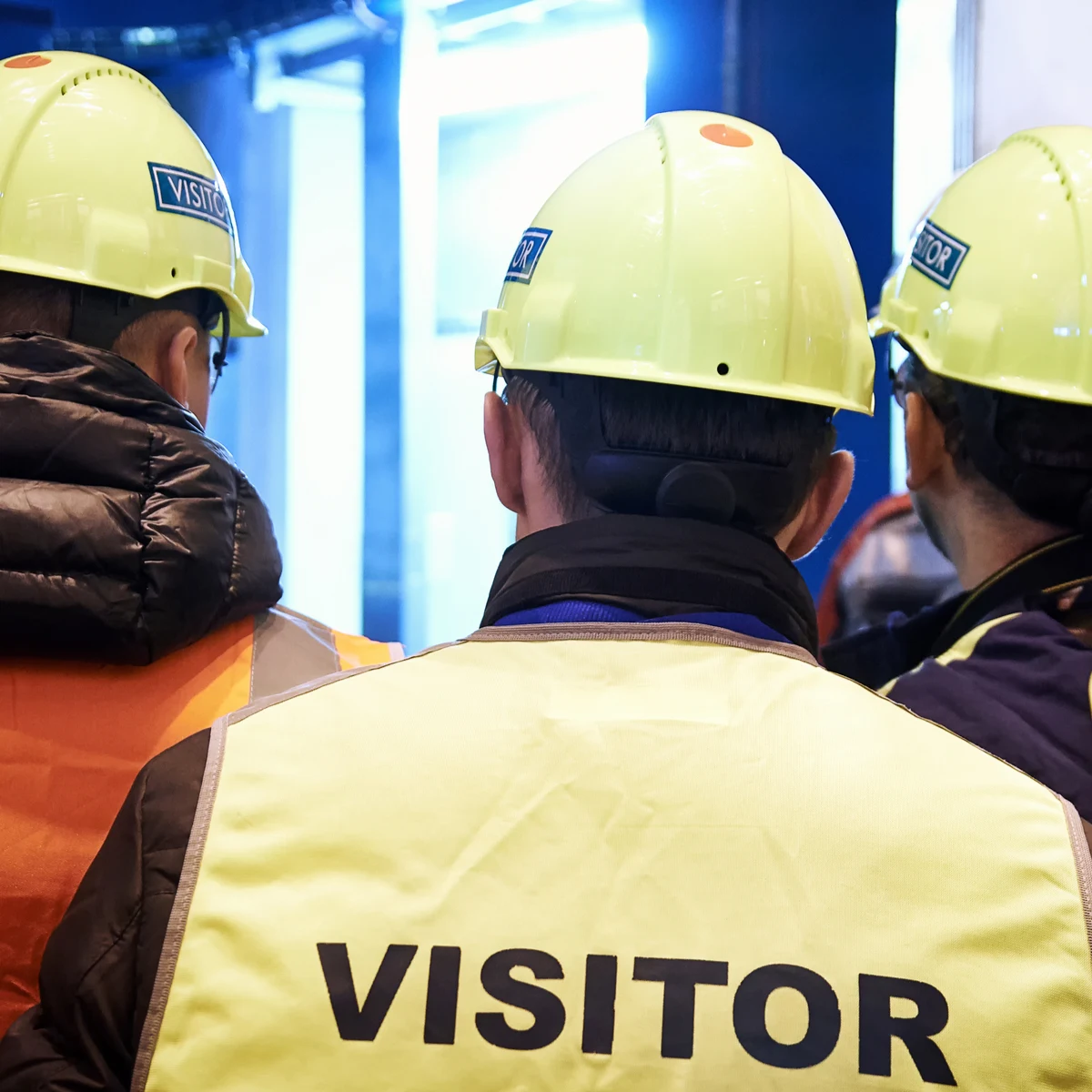 Visitors in yellow hard hats seen from behind, one wearing a high-visibility vest marked VISITOR
