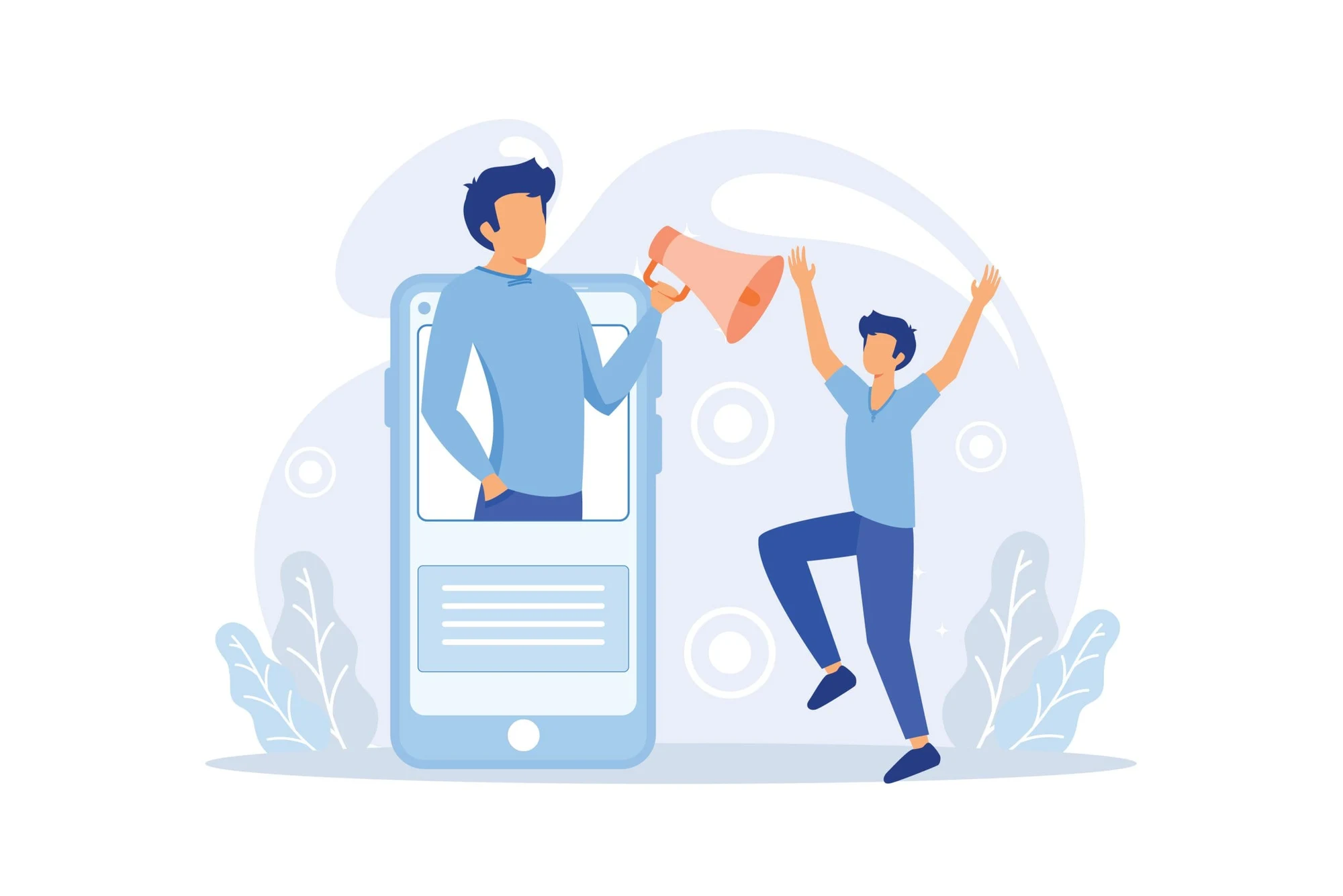 Illustration of a person with a megaphone on a phone screen and another person jumping with excitement