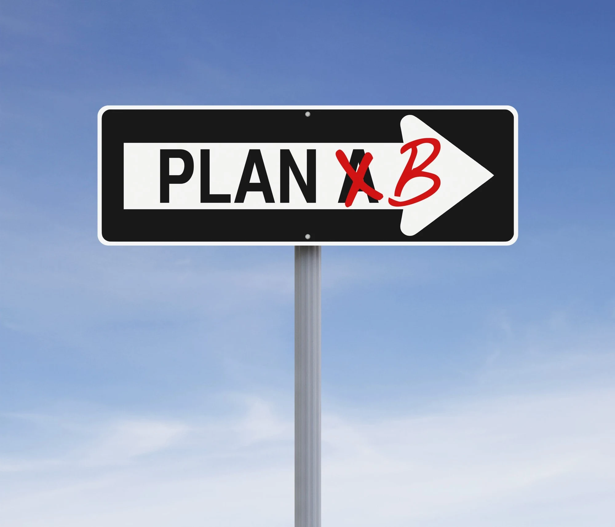 Street sign reading Plan A with the A crossed out and replaced by B, against a blue sky