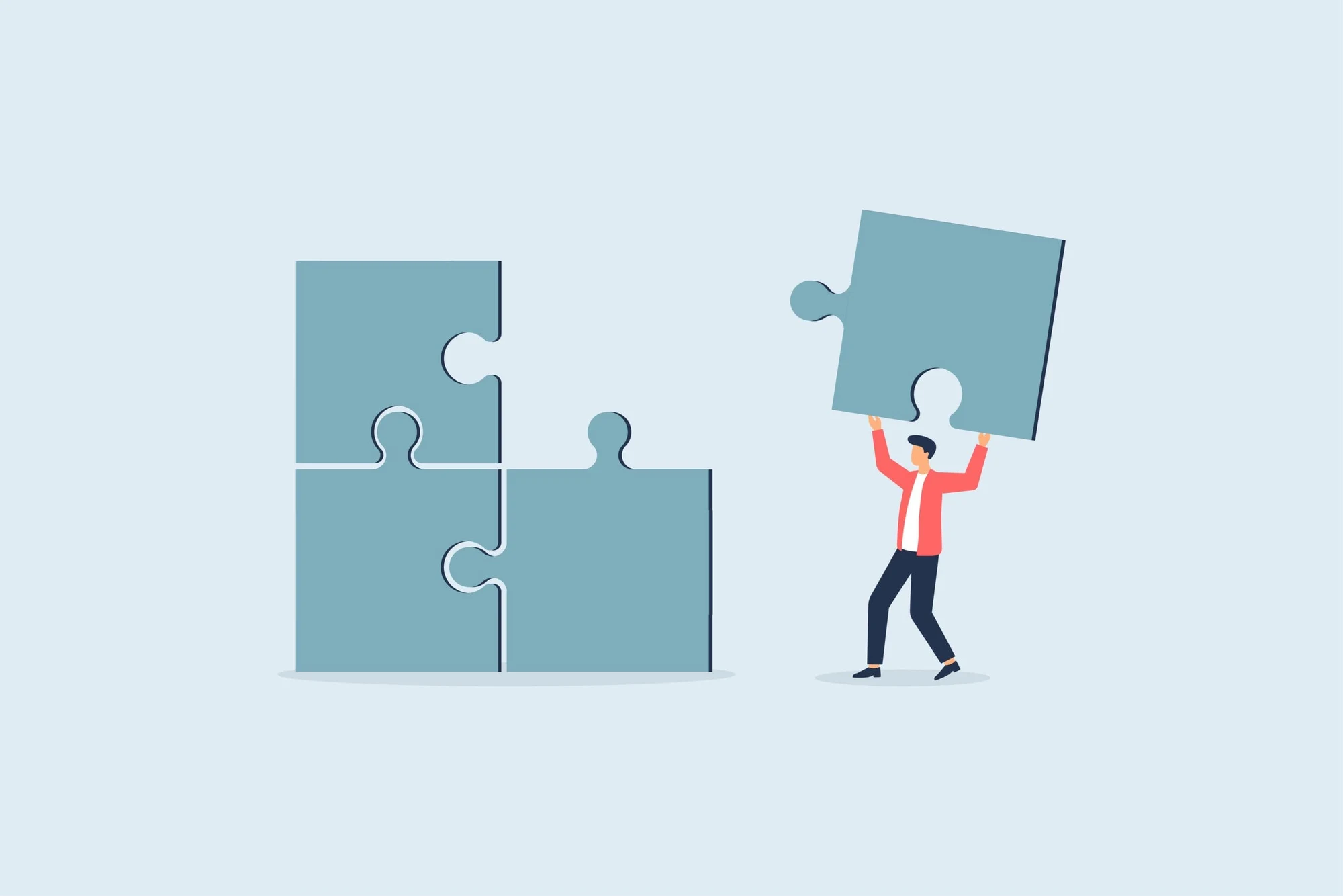 Illustration of a person carrying the final puzzle piece to complete a jigsaw