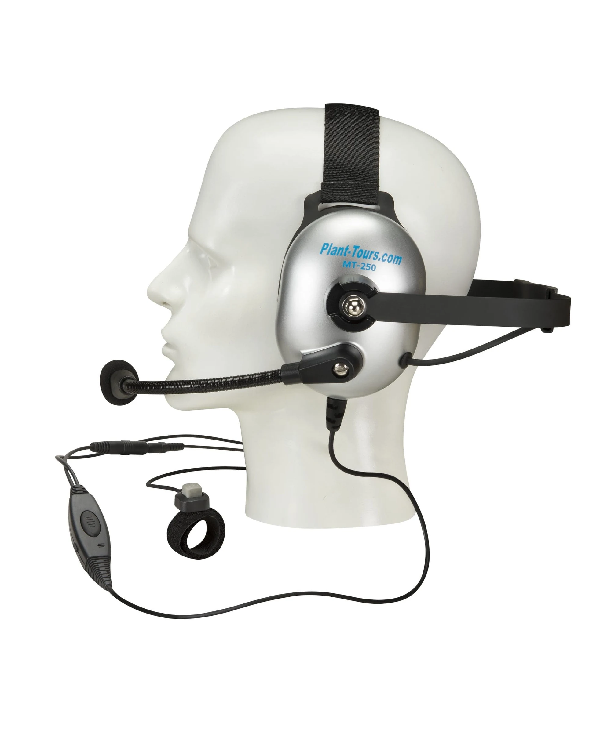 Headset with boom microphone and inline controls shown on a mannequin head