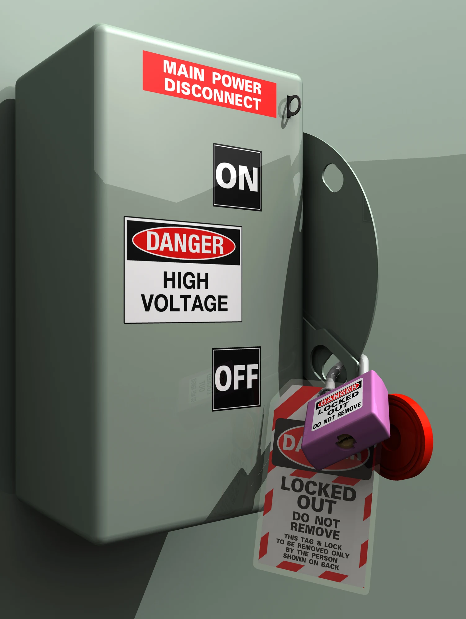 Main power disconnect switch with a Danger High Voltage label and a lockout tag and padlock attached