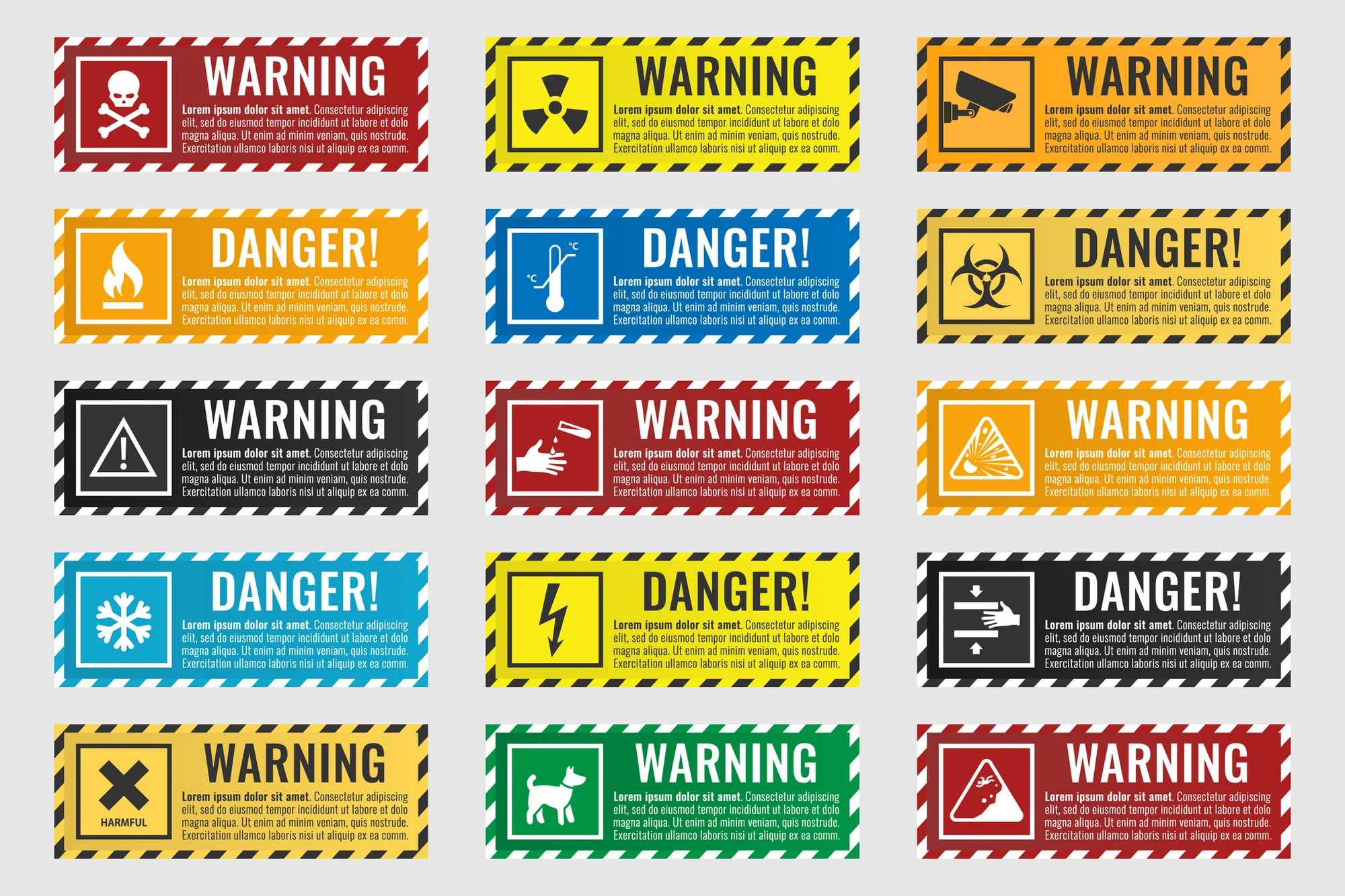 Grid of colored warning and danger signs with various hazard symbols
