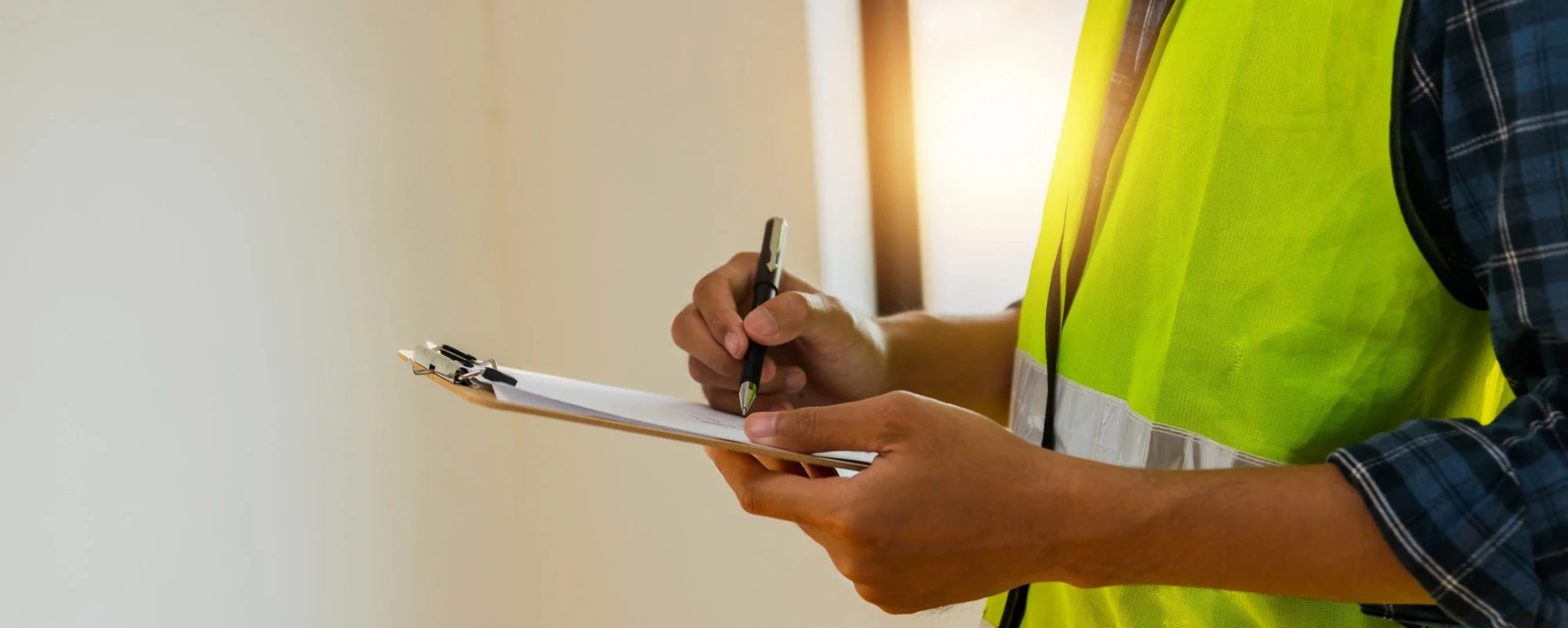 Person in a high-visibility vest writing on a clipboard