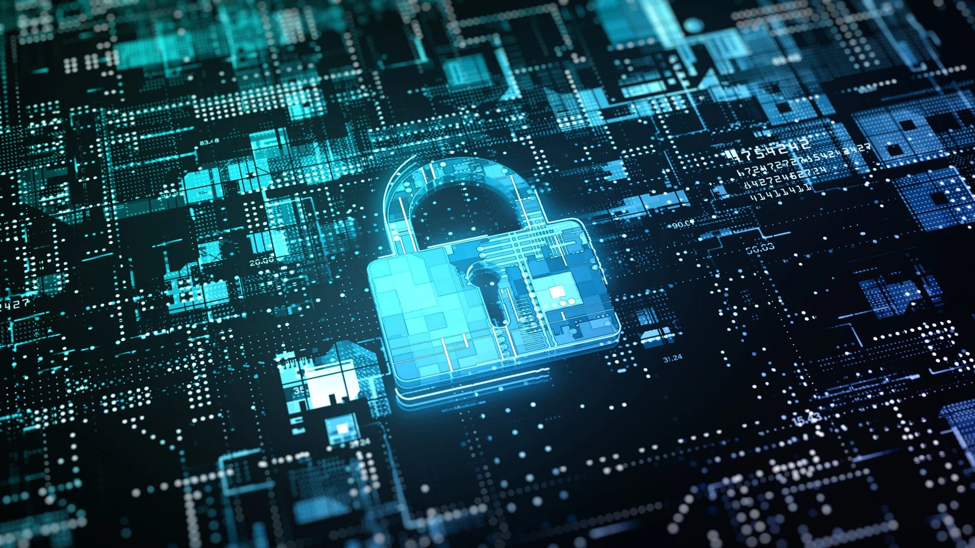 Glowing padlock on a digital circuit board background representing data encryption