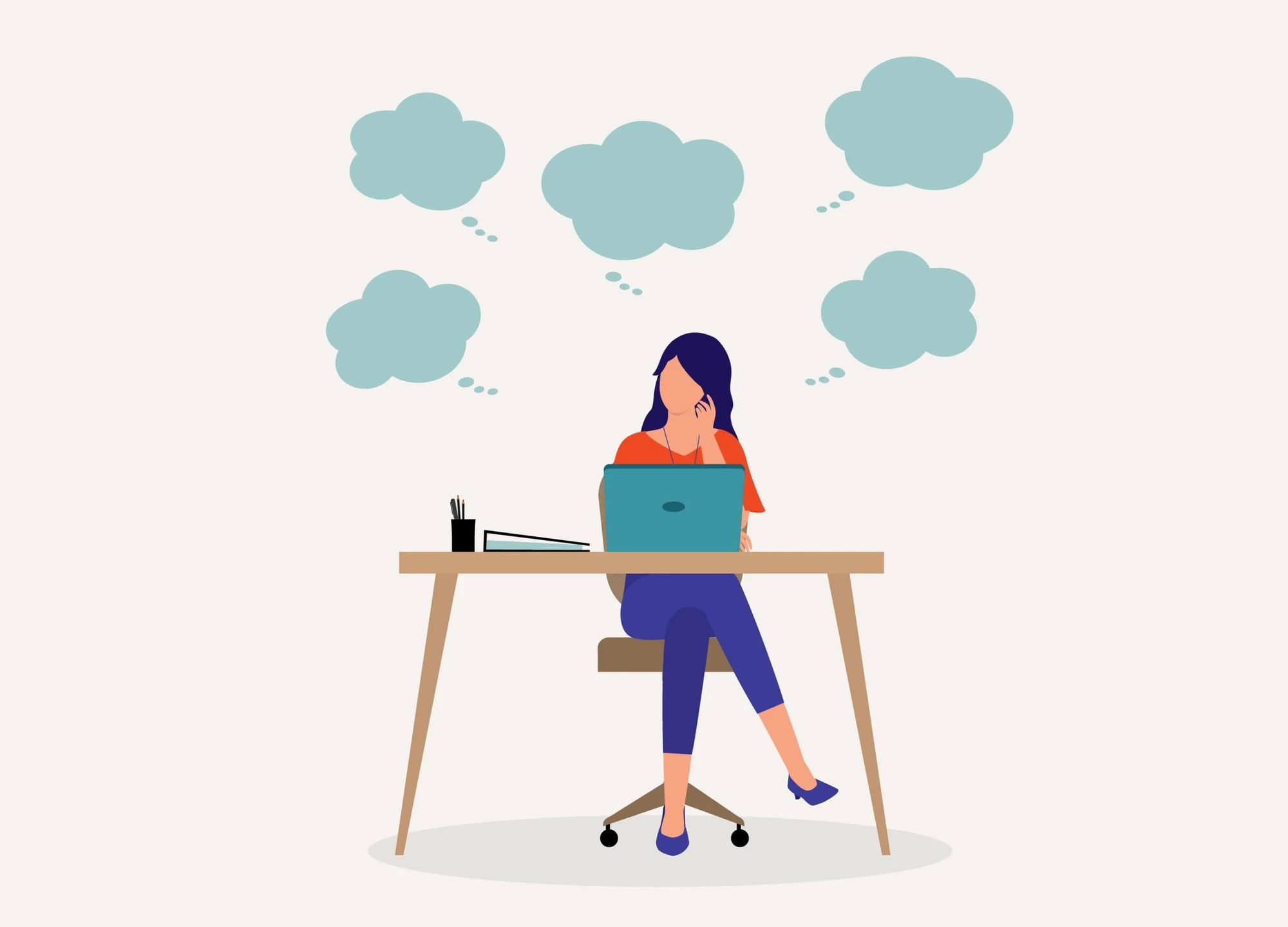 Illustration of a woman working at a laptop on a desk with thought bubbles above her