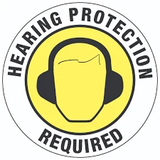 Hearing Protection Required safety sign with a yellow earmuff icon