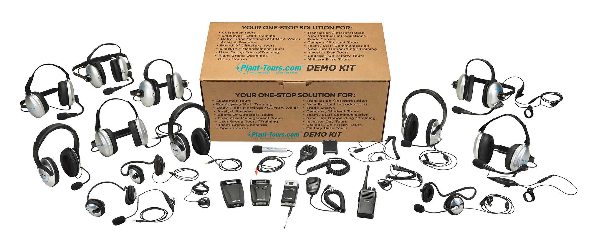 Demo kit box surrounded by headsets, transmitters and receivers