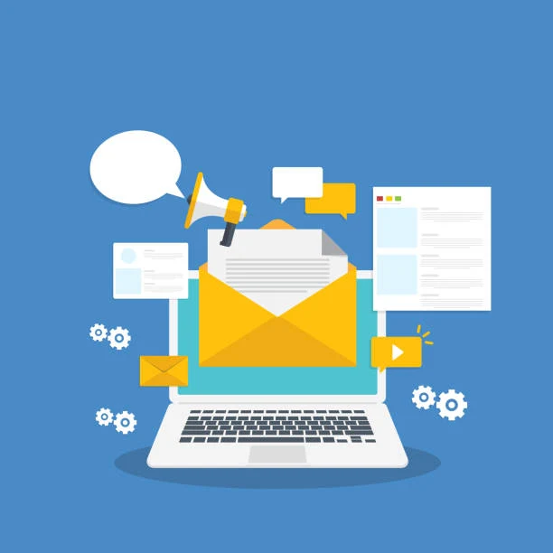 Illustration of a laptop with an envelope, megaphone and chat bubbles representing email marketing