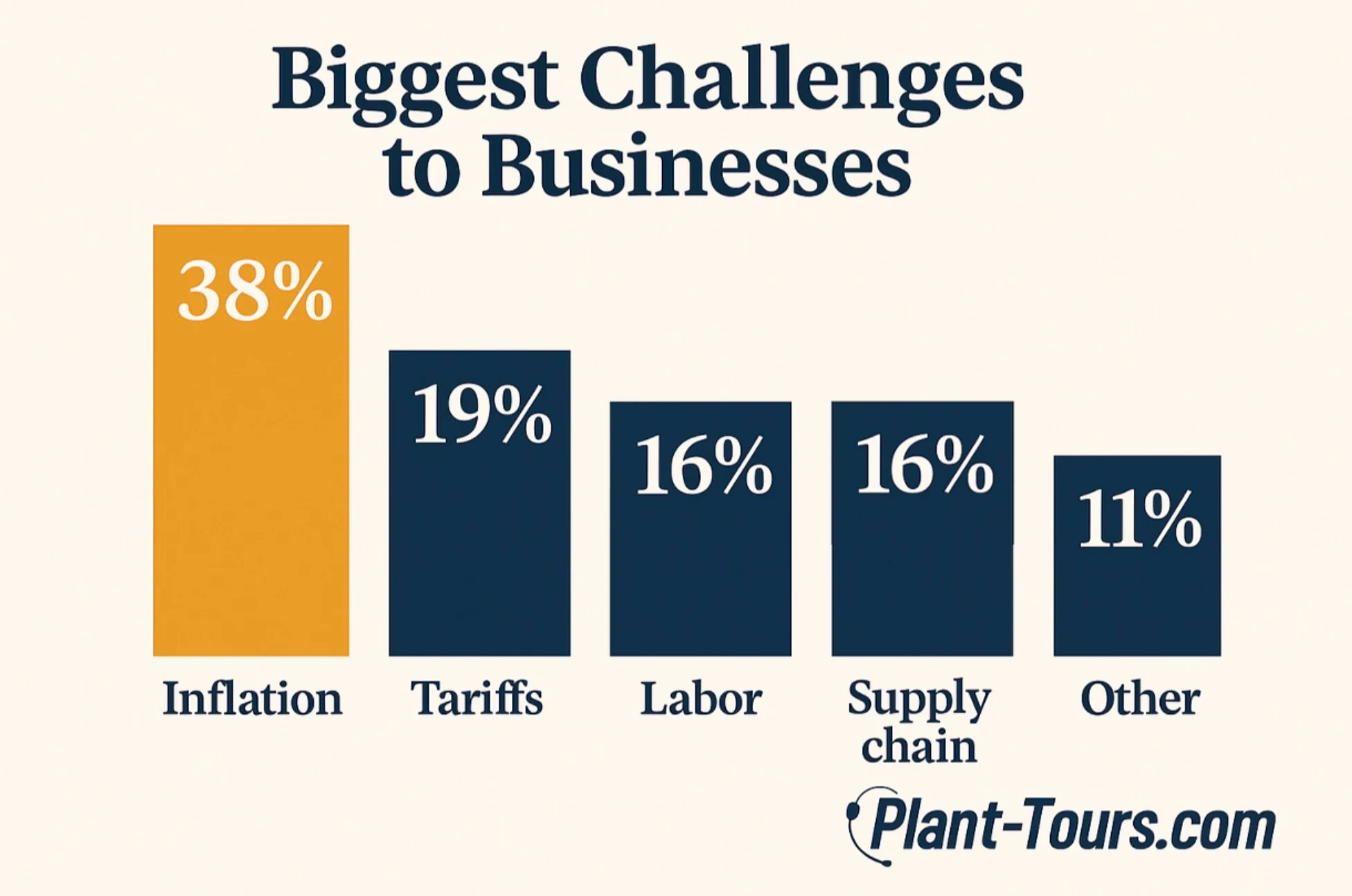 Bar chart of biggest challenges to businesses: inflation 38%, tariffs 19%, labor 16%, supply chain 16%, other 11%