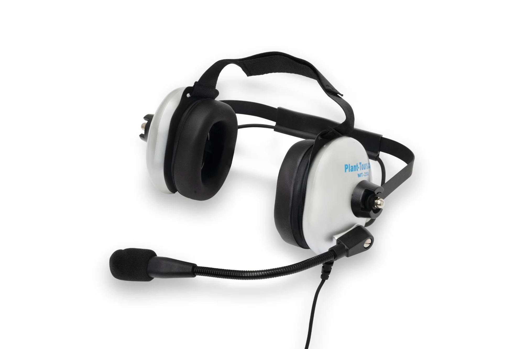 Silver and black over-the-head earmuff headset with a boom microphone