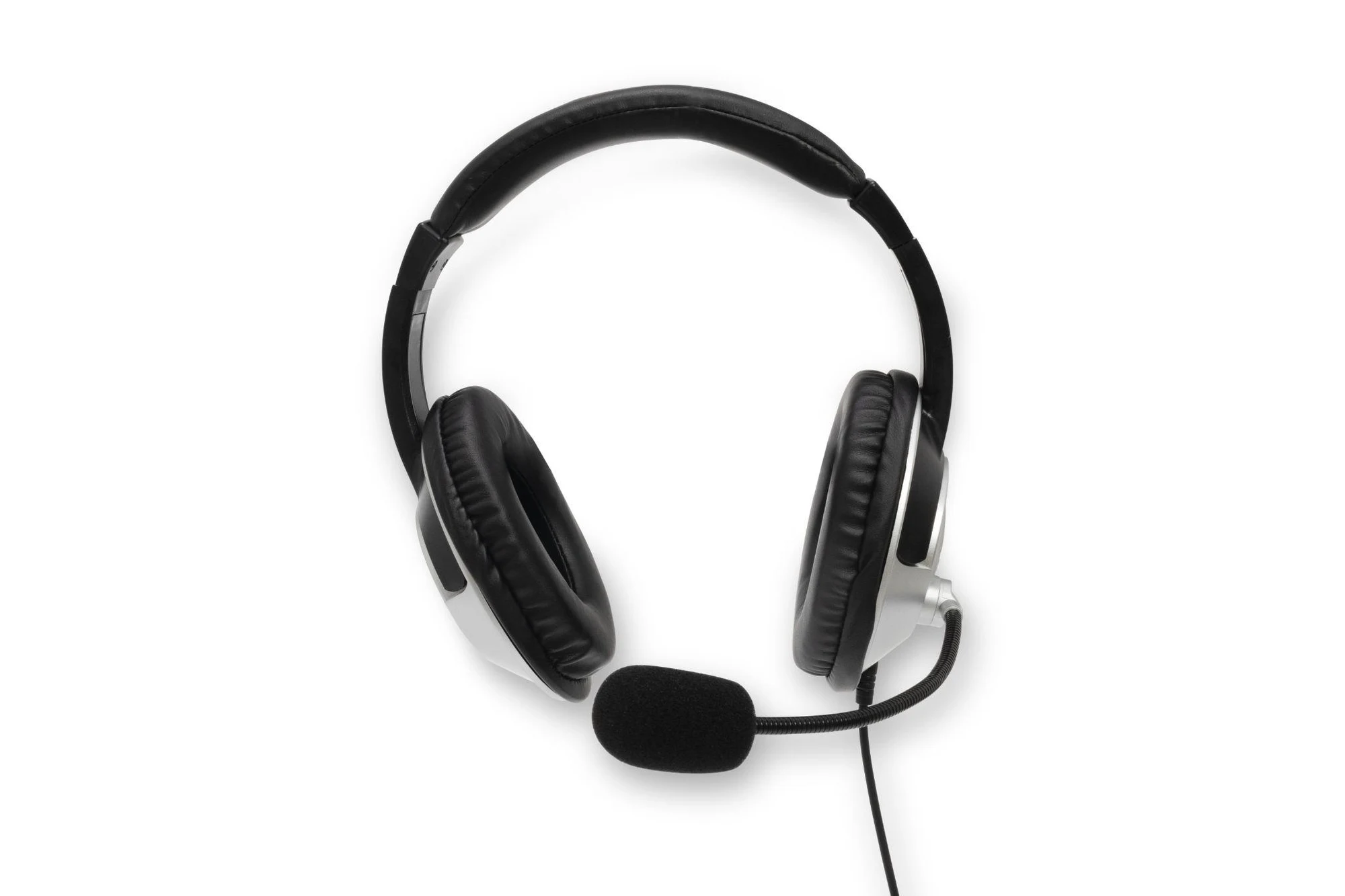 Black and silver padded stereo headset with an adjustable boom microphone