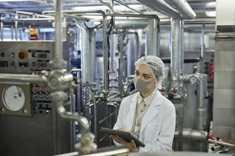 Worker in a hairnet, face mask and lab coat using a tablet beside stainless steel processing equipment