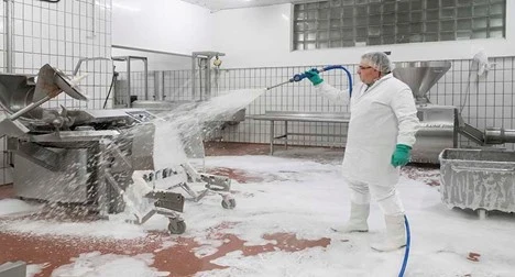 Worker in white protective clothing spraying cleaning foam in a food processing room