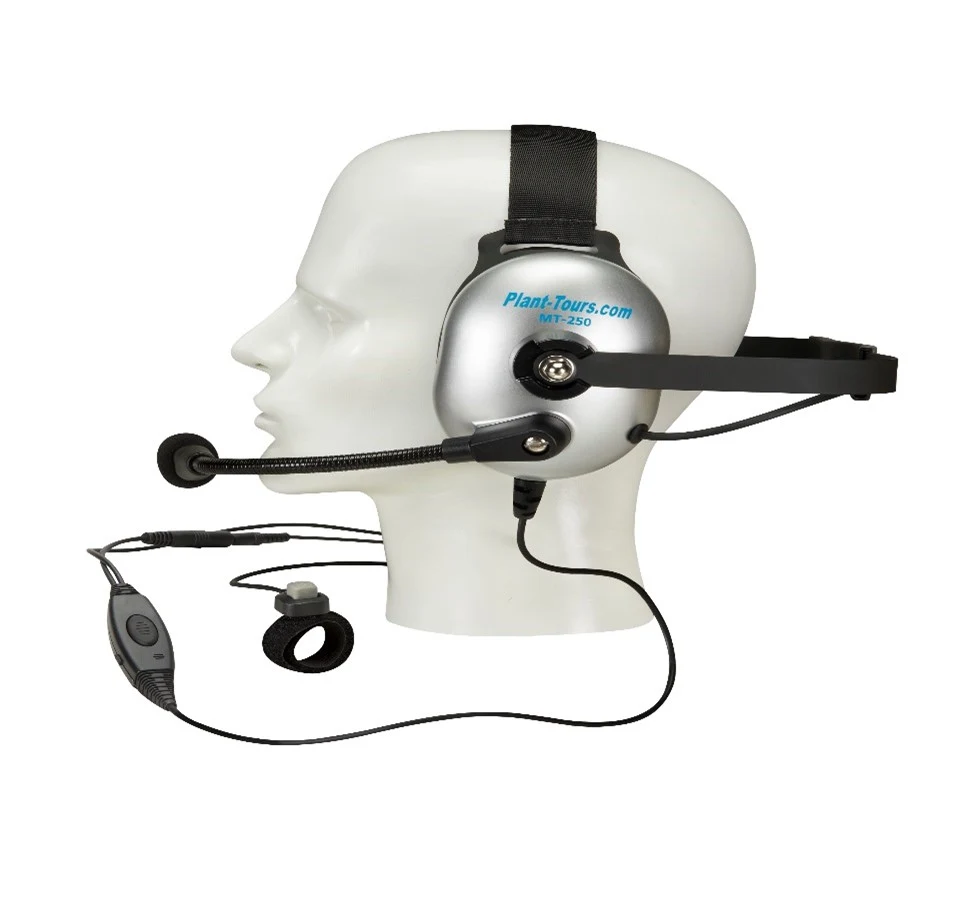 Mannequin head wearing a single-ear headset with boom microphone and inline control