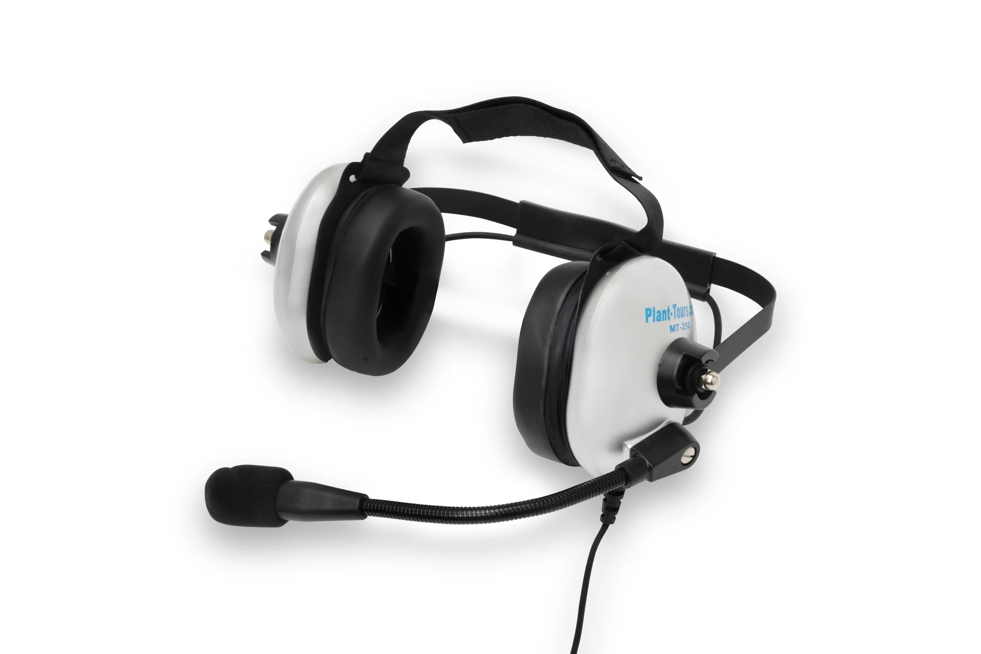 Silver and black over-the-head earmuff headset with a boom microphone