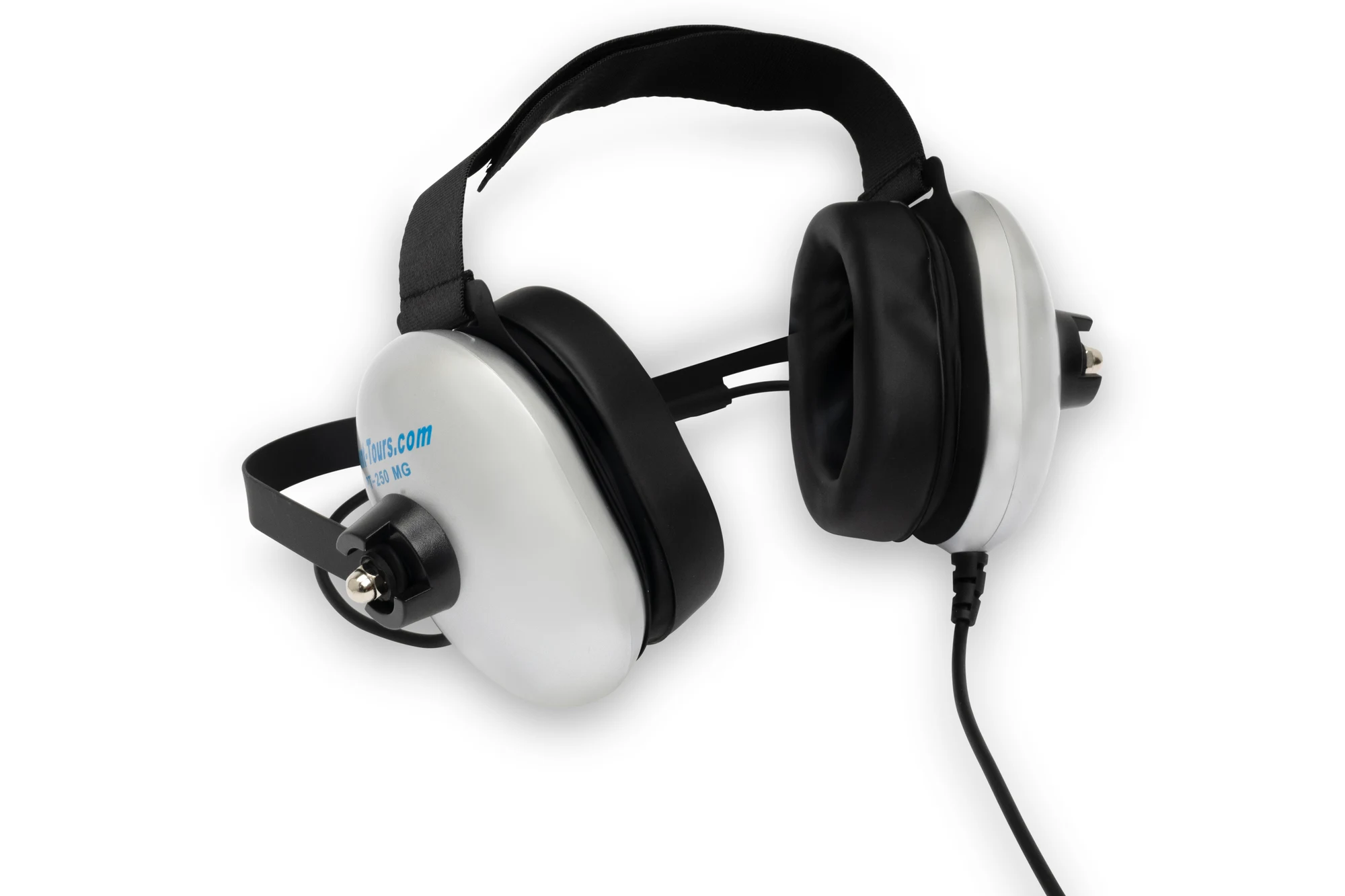 Silver and black behind-the-neck earmuff headset without a microphone