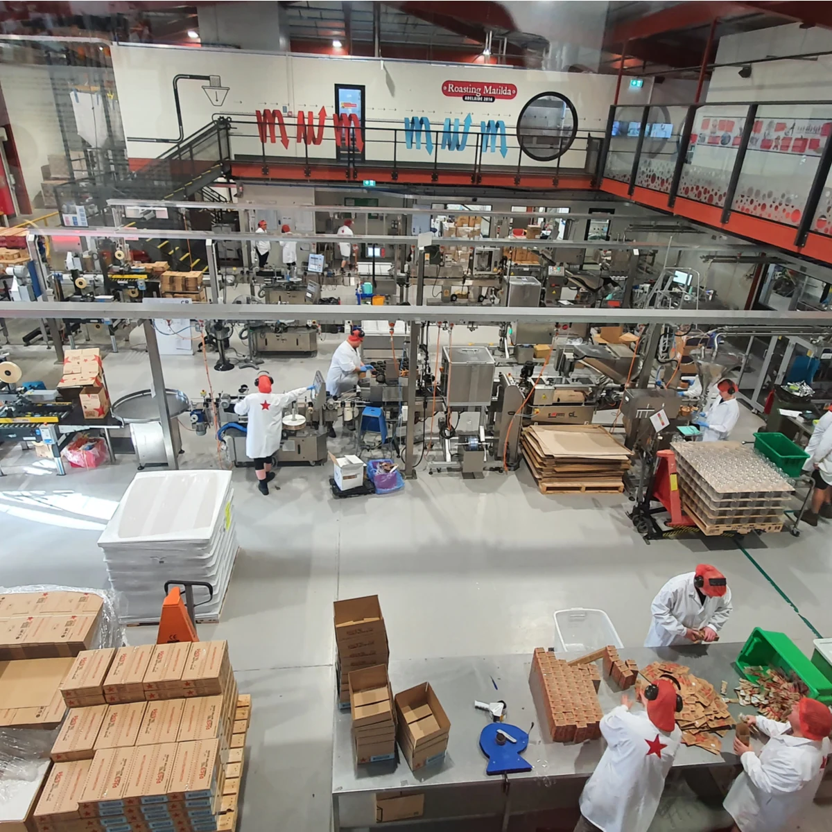 Overhead view of a food production floor with workers in white coats and red caps packing boxes