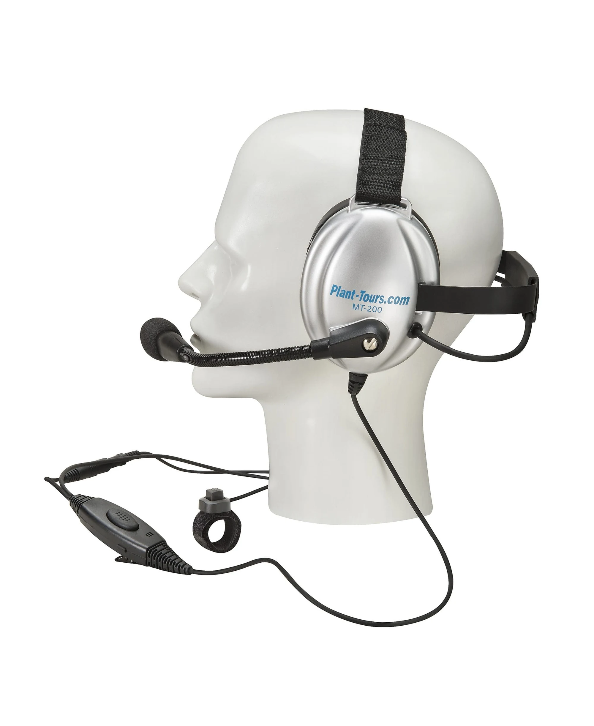 Mannequin head wearing a single-ear headset with boom microphone and inline control