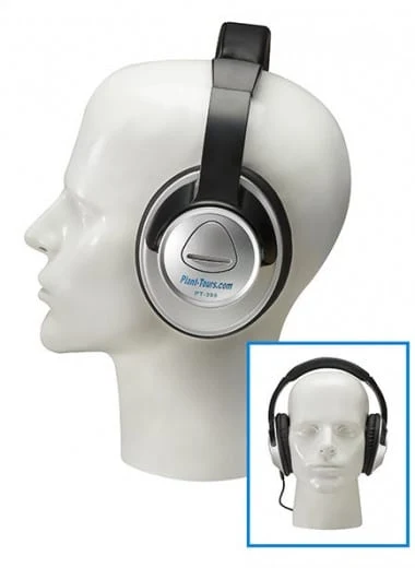 Mannequin head wearing silver and black over-ear headphones, with a front view inset