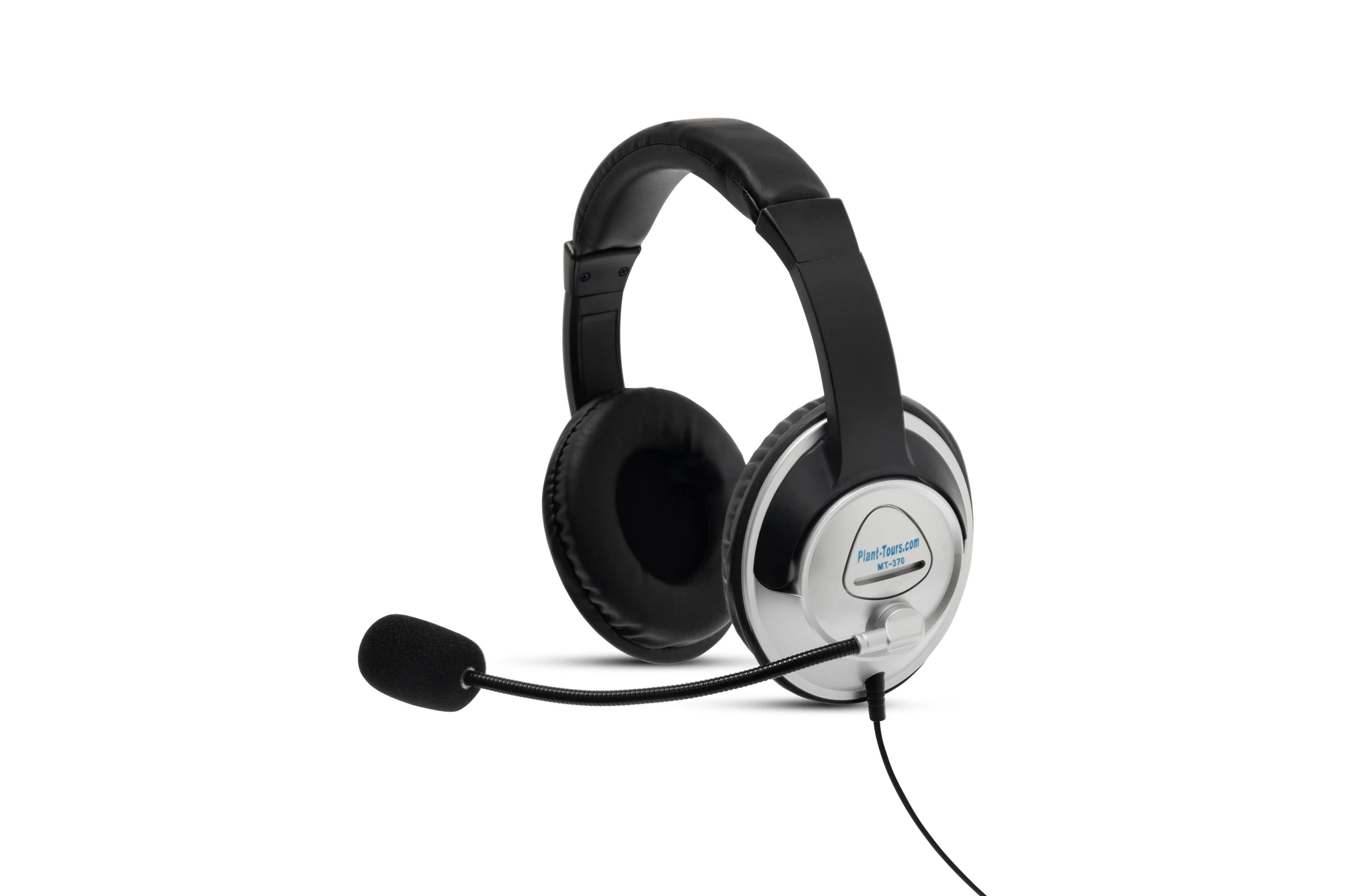 Black and silver padded stereo headset with an adjustable boom microphone